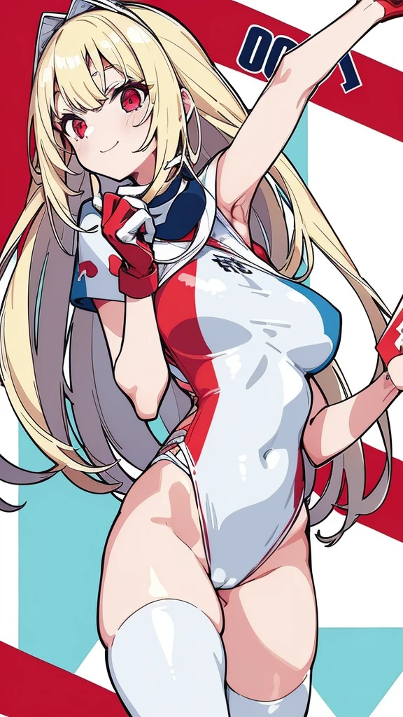 A lady with long blond hair,Wearing a white and red sailor top and a blue tight one-piece swimsuit,Card issuance,grace,Du Qiong,Anime Girl