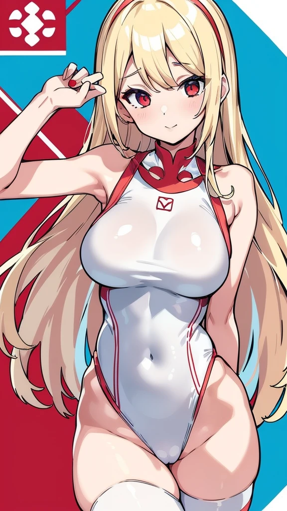 A lady with long blond hair，Wearing a white and red sailor top and a blue tight one-piece swimsuit，Card issuance，grace，Du Qiong，Anime Girl