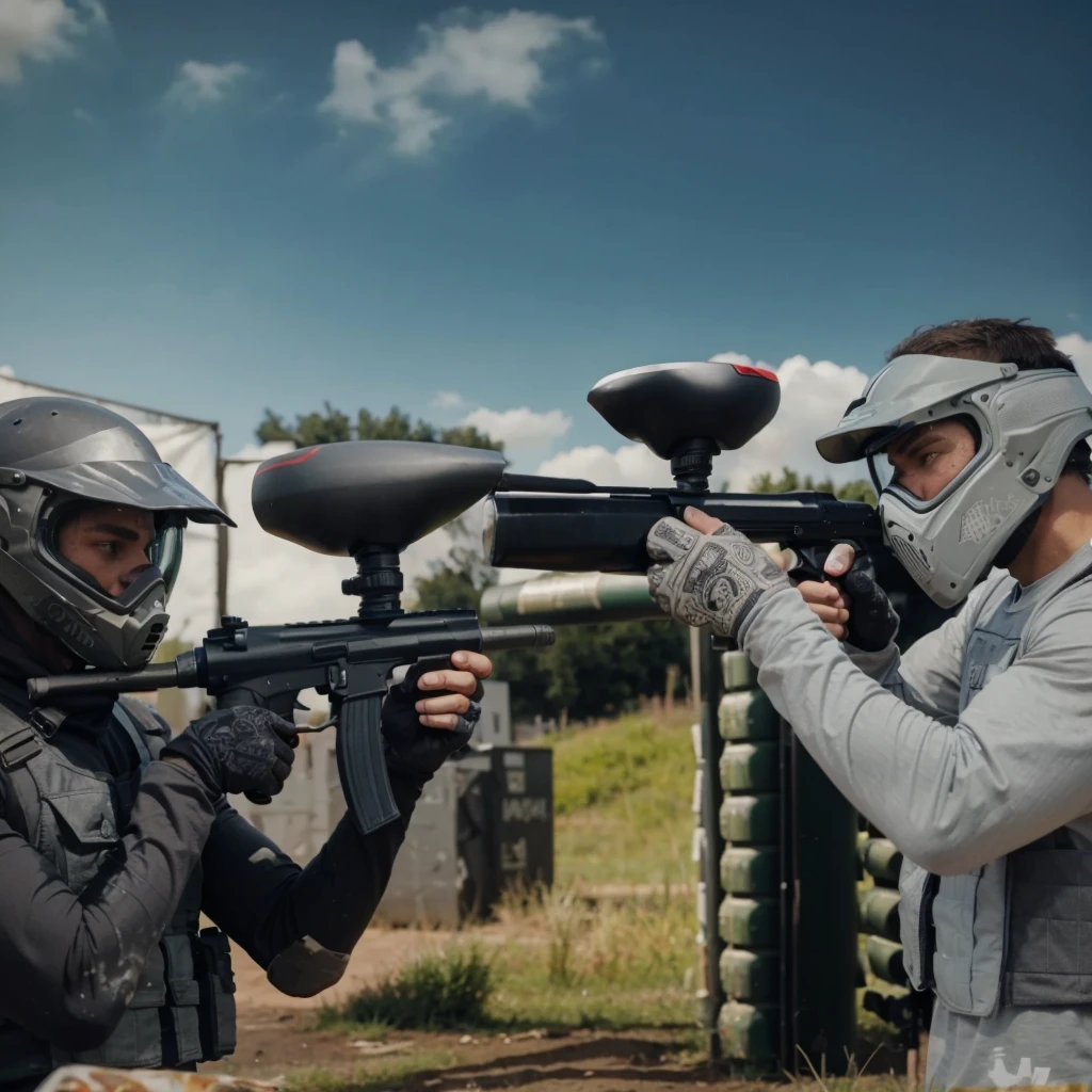 picture from the side, 30 year old man, muscular, wearing a helmet, wearing a gray long-sleeved paintball uniform, wearing a gray vest, the man is holding up a paintball marker towards the enemy in front of him, namely a woman wearing a hijab, wearing a helmet black, wearing a black paintball uniform, wearing a black vest, very epic scene where the two of them point paintball markers at each other in a match, background of the paintball field during the day, cinematic, realistic, 4k, very detailed, intricate design