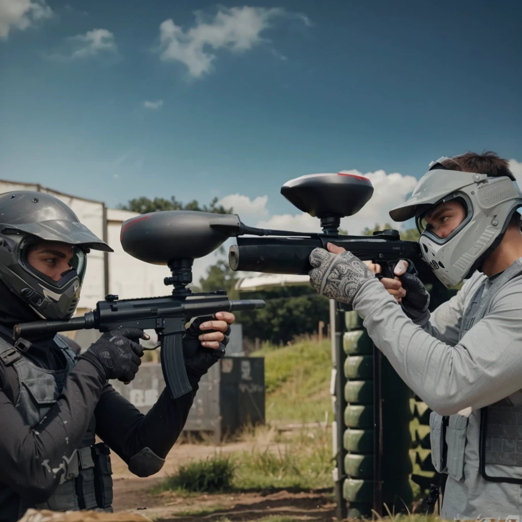 picture from the side, 30 year old man, muscular, wearing a helmet, wearing a gray long-sleeved paintball uniform, wearing a gray vest, the man is holding up a paintball marker towards the enemy in front of him, namely a woman wearing a hijab, wearing a helmet black, wearing a black paintball uniform, wearing a black vest, very epic scene where the two of them point paintball markers at each other in a match, background of the paintball field during the day, cinematic, realistic, 4k, very detailed, intricate design