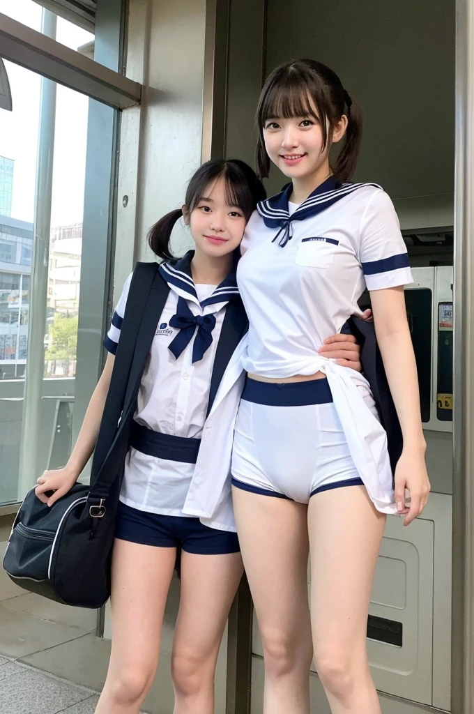 {1 | 2 } girls standing in railway station,navy blue speedo swimming briefs,white sailor shirt over,school bag,18-year-old,bangs,a little smile,thighs,knees,short hair with low pigtails bunches,from below,front light
