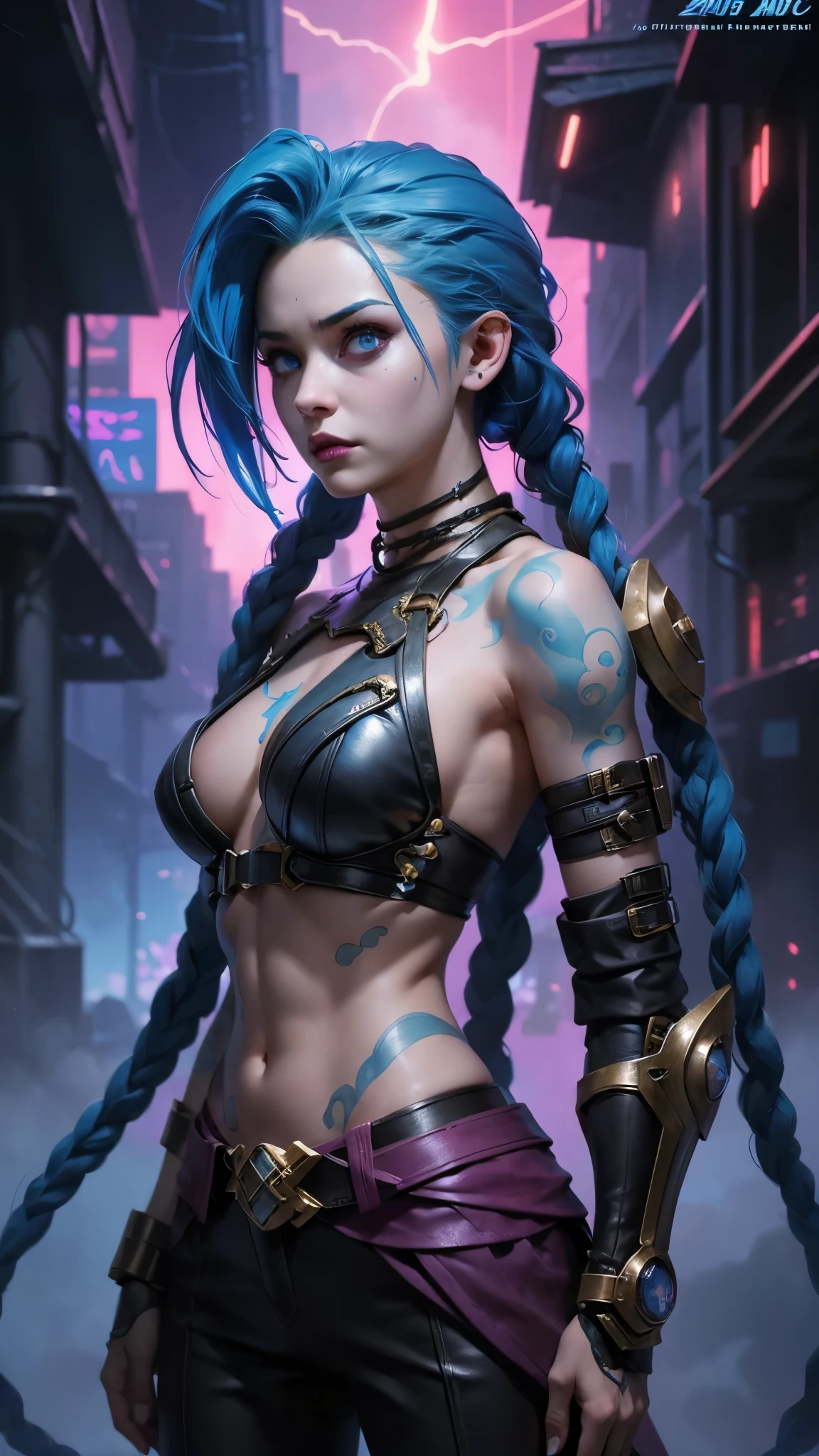 ((Best quality)), ((masterpiece)), (highly detailed:1.3), 3D, arcane style,In the dark and courageous dystopian city of Piltover, plagued by violence and divided into two opposing factions, a young prodigy named Jinx emerges. Having endured unimaginable loss and abandonment, she embraced a life of chaos and destruction. Known for her inventive and explosive abilities, Jinx becomes an icon of rebellion against the oppressive forces that control the city. However, haunted by guilt and battling inner demons, she must confront her past and decide whether to continue on the path of anarchy or seek redemption amid the turmoil. Explore Jinx's journey as she navigates a treacherous world, fighting for survival, unlocking secrets, and discovering the true meaning of her twisted existence, chaos reigns supreme, and at the center of it all is Jinx, the embodiment of unpredictability. Delve deep into Jinx's twisted mind, exploring the origins of his madness and the driving force behind his destructive nature. Unravel the moments that shaped her into the crazed, iconic character we know. Take us on a wild journey through the vibrant streets of Piltover and the shadowy suburb of Zaun as Jinx wreaks havoc with his explosive arsenal. Can redemption find its way into Jinx's fractured soul? Or will she dance forever on the edge of sanity, embracing the chaos that fuels her very existence? Arcane's fate hangs in the balance as Jinx's path intertwines with unlikely allies and formidable enemies. Ignite your imagination and paint a vivid portrait of Jinx's distorted psyche, capturing the essence of her madness and the indomitable spirit that defines it, HDR (High Dynamic Range), Ray Tracing, NVIDIA RTX, Super-Resolution, Unreal 5, Subsurface Scattering, PBR Texturing, Post-processing, Anisotropic Filtering, Depth of Field, Maximum Clarity and Sharpness, Multit Textures