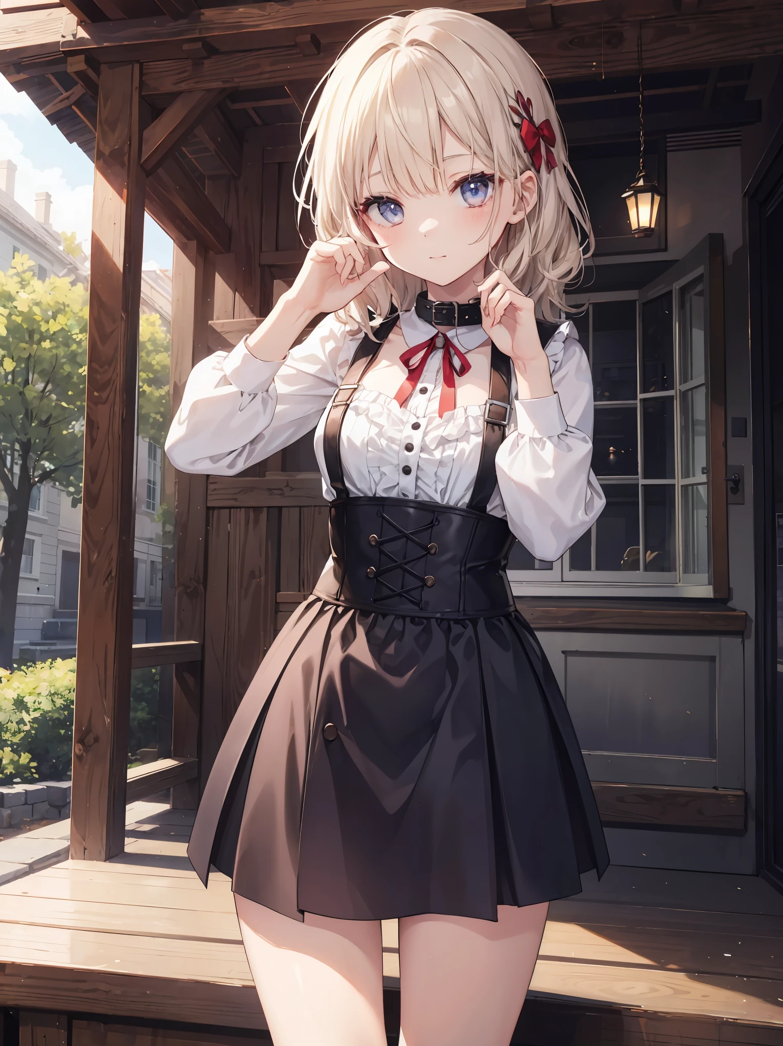 Super beautiful illustration、Petite、kawaii girl、complex、finely eye、Realistic skin texture、Outstanding looks、Petite、adolable、Smooth hair、Cute gesture、Mocking Pose、doress、long-sleeve、With collar、Long length skirt、corsets、Cute socks、cowboy shot、outside of house、Beautiful park、Three-dimensional、Deep background、Well built building、