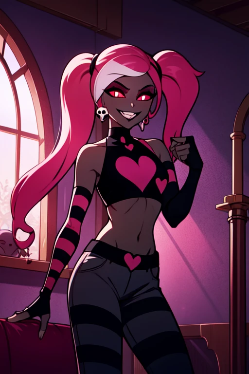 VelvetteHH, dark eyeshadow, white pupils, red sclera, pink hair, two-tone hair, twintails, long hair, skull earrings, colored skin, dark skin, fangs, black jacket, (black crop top:1.4), (crop top with heart design), bare shoulders, fingerless gloves, elbow gloves, (vertical striped pants:1.2), standing, smile, looking at viewer, indoors