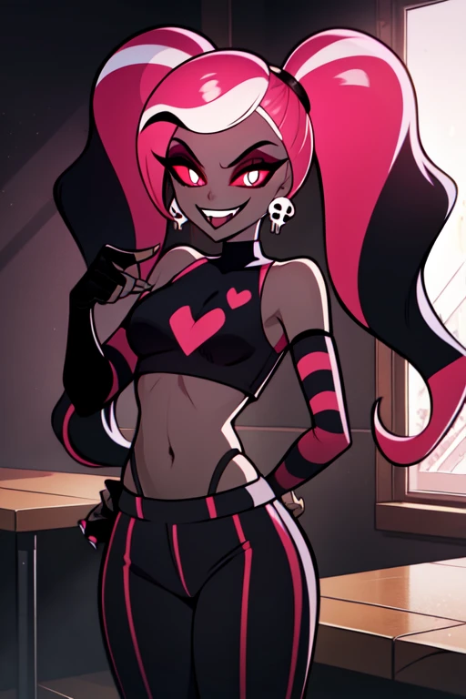 VelvetteHH, dark eyeshadow, white pupils, red sclera, pink hair, two-tone hair, twintails, long hair, skull earrings, colored skin, dark skin, fangs, black jacket, (black crop top:1.4), (crop top with heart design), bare shoulders, fingerless gloves, elbow gloves, (vertical striped pants:1.2), standing, smile, looking at viewer, indoors