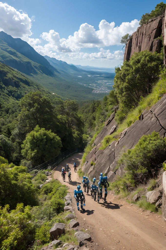 Five humanoid robots climb the mountain