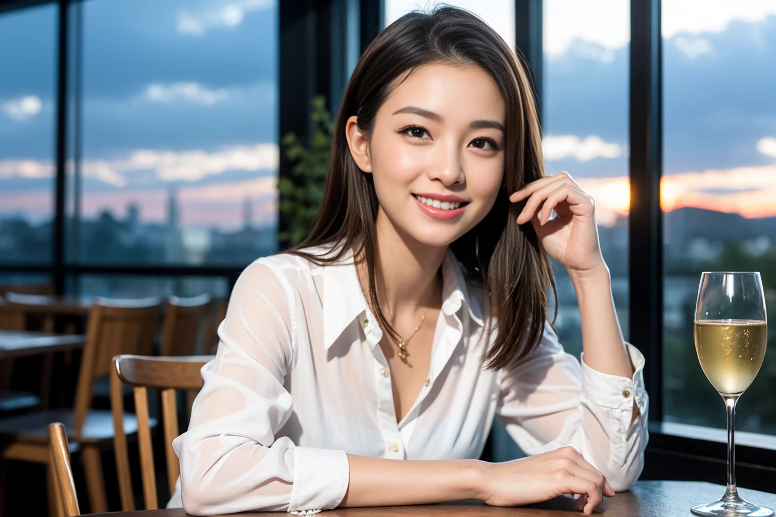 ((Highest quality、8K、masterpiece:1.3))、cute、slimカップル、modelカップル、(Realistic, Intricate details:1.2), full-course dinner、Wine Party、Amazing view of the sunset sky and clouds、A bright smile、The wonderfulness of smile、Bright image、The beauty of wine, Beautiful Face, blue eyes, The light shines on your face, Blushing, short hair,Bright Face、 (Age 37), age 34, red wine 、Appetizers、Italian food、Wine bottle、Champagne、sparkling wine、Two beauties、Brown Hair、Shortcuts、Long sleeve shirt、dress、Beautiful woman 1, (slimな顔), (The body is slim), (Brown Hair), (Shortcuts), cheeks turn a little red,Attractive beauty、restaurant, In a prominent place (From the waist up) Nova Frog Style, actress, model, Upper Body, White wine, slim, wine glass, 中央に置かれたwine glass, smile, (smile: 1.15), Beautiful fine grain, Depth f/2,saturation, High Contrast, Strong light and shadow,Moist Body:1.5、3D texture、Delicate eyes、Brown Hair、The hair is very shiny、