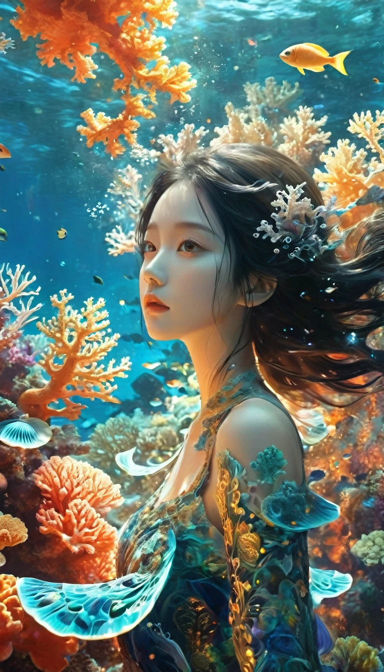fractal,Shine,きらきらShine, Veera, Extremely small light-emitting quantum dots, Extraterrestrial、Many lanterns, conceptual art of marine life, Underwater scenery, Life at sea,Beautiful coral reefs come in many shapes, 3d,, fish, Female anime fantasy illustration. Long black hair scattered in the sea, drift, Very harmonious. The painting as a whole adopts a messy and imaginative style.. The colors are bright and saturated, With smooth lines. The mystery and beauty of the sea, The painting depicts an underwater world full of life and vitality., Animation Art Wallpaper 8K、Shineサンゴ