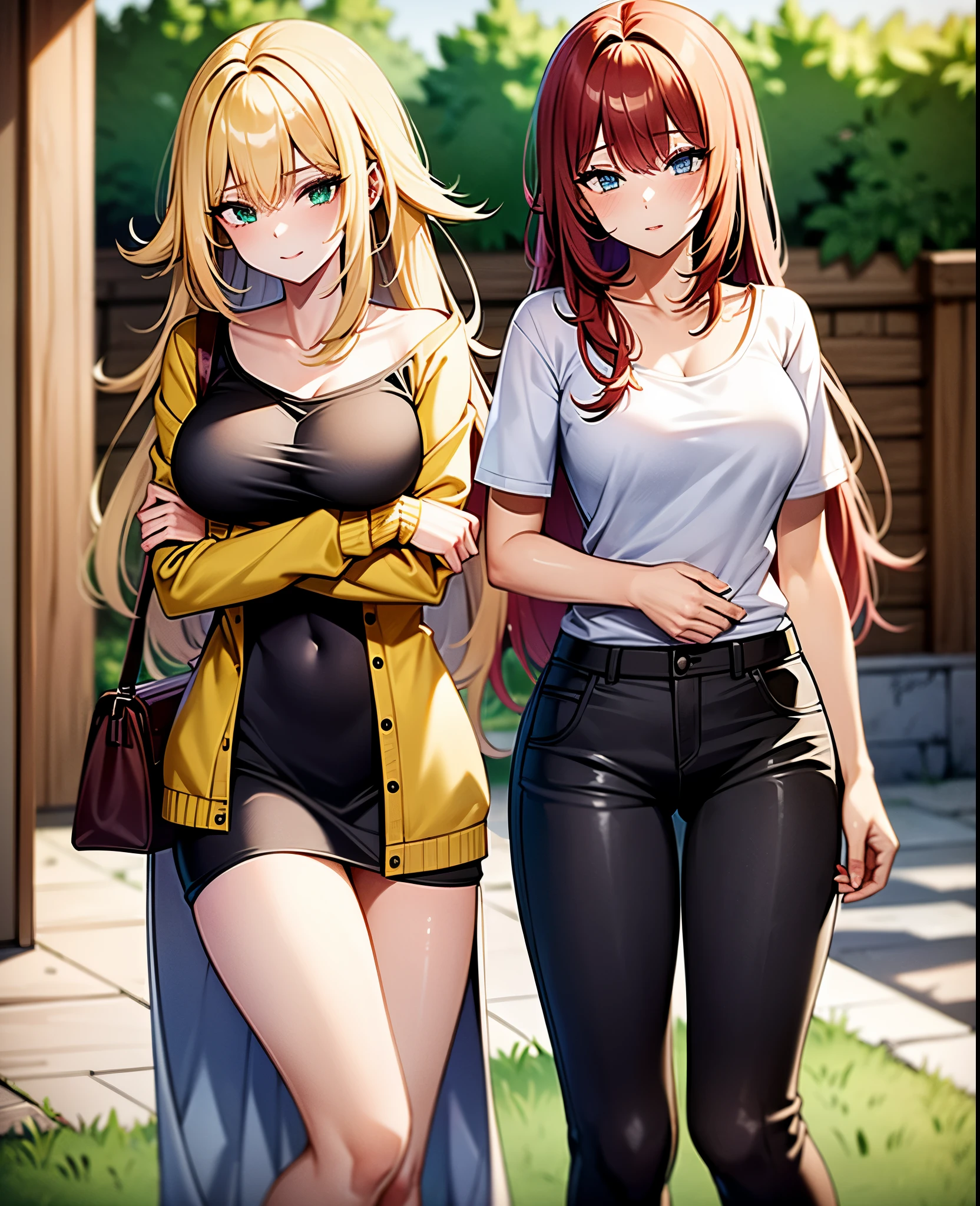 two girls, a girl with long light yellow hair and green eyes, second girl long dark red hair blue eyes, with casual clothes