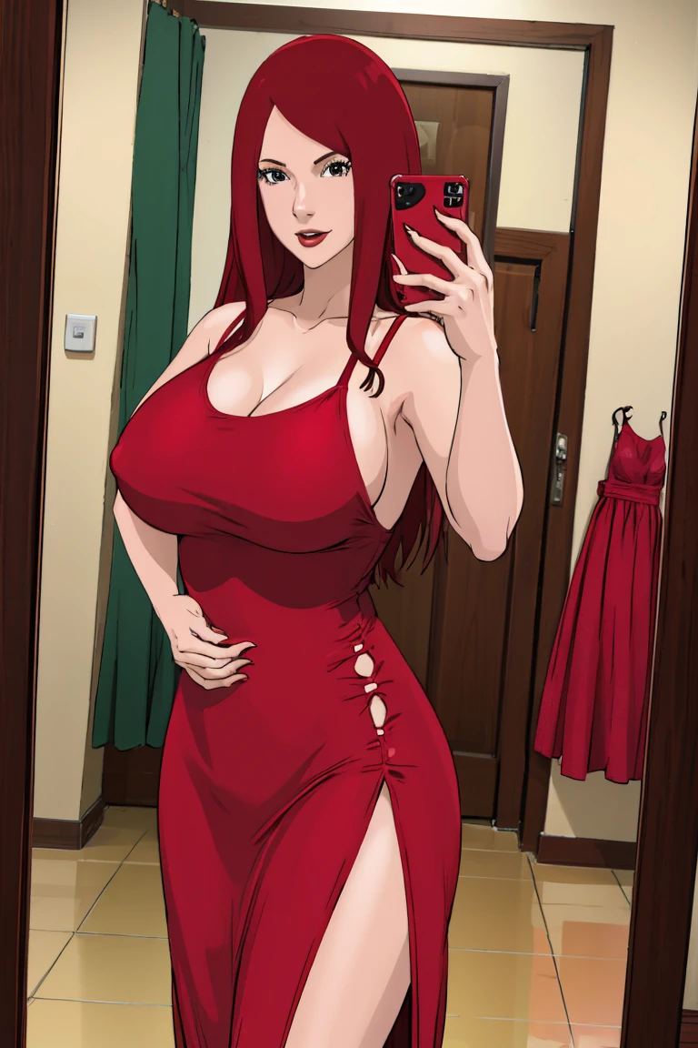 there is a redhead woman taking a selfie in a mirror, sexy red dress, tight dress, red dress, wearing red dress, wearing a red dress, in a red dress, 30-year-old woman from cuba, sexy dress, full body picture, red hot, skintight dress, red body suit, in a dress, she arrived in a red dress,big breast, milf 