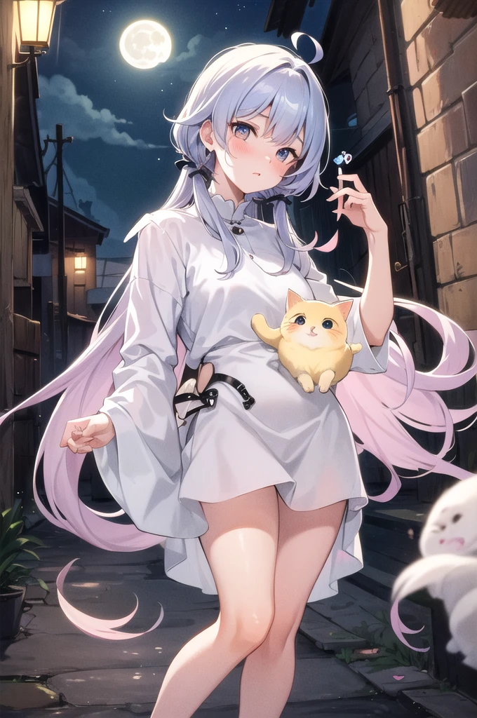 kitten,pastel colour,cute,Big eyes,masterpiece,full moon,alley
