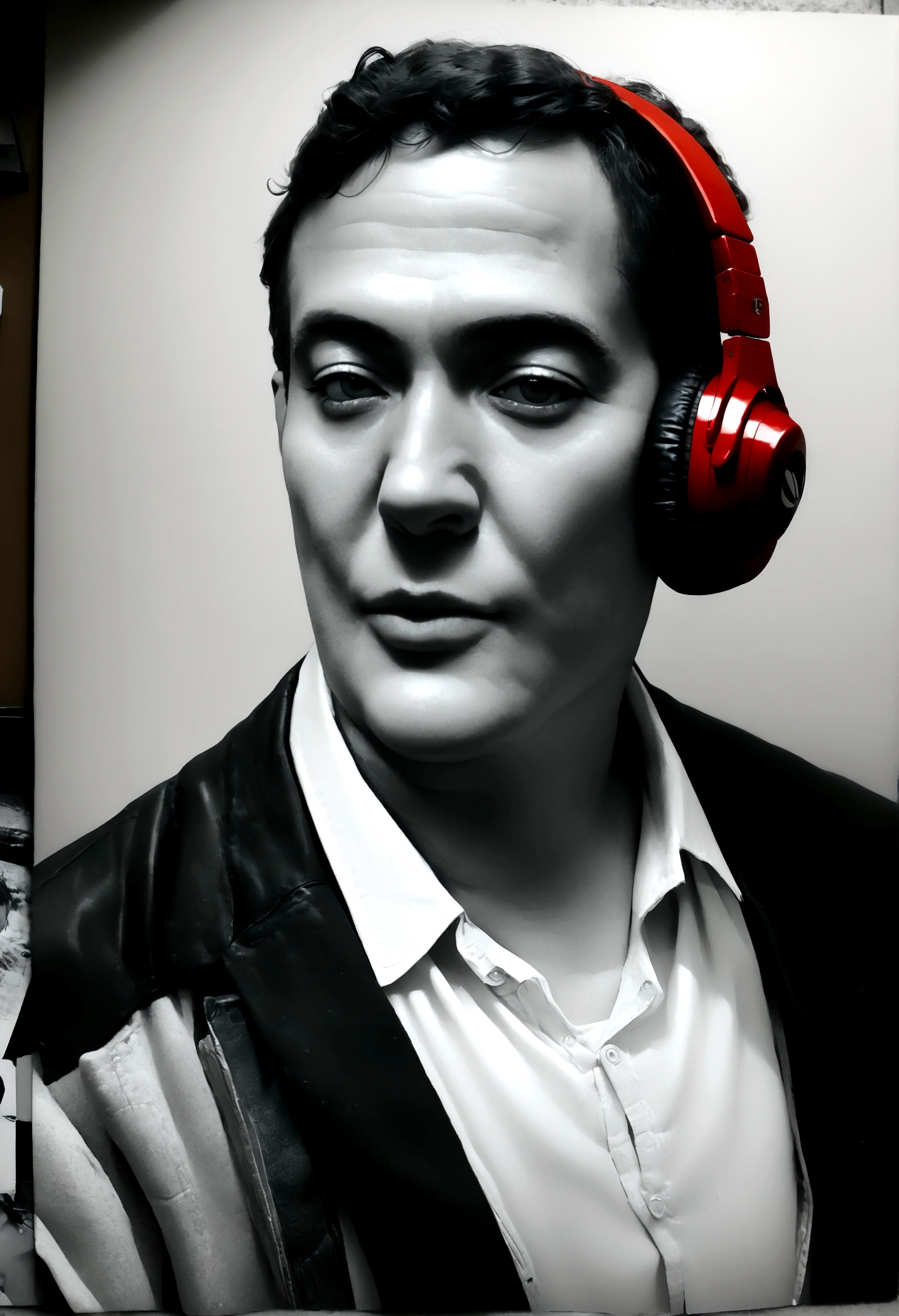 (best quality high resolution,photo 1.2),detailed,(realist,photorealist,photo-realist:1.37), tall man 1,76 , with a white shirt and gray jacket, very short gray hair with jopo , Use Red Headphones and a Mac Notebook , grayscale photo , studio lighting