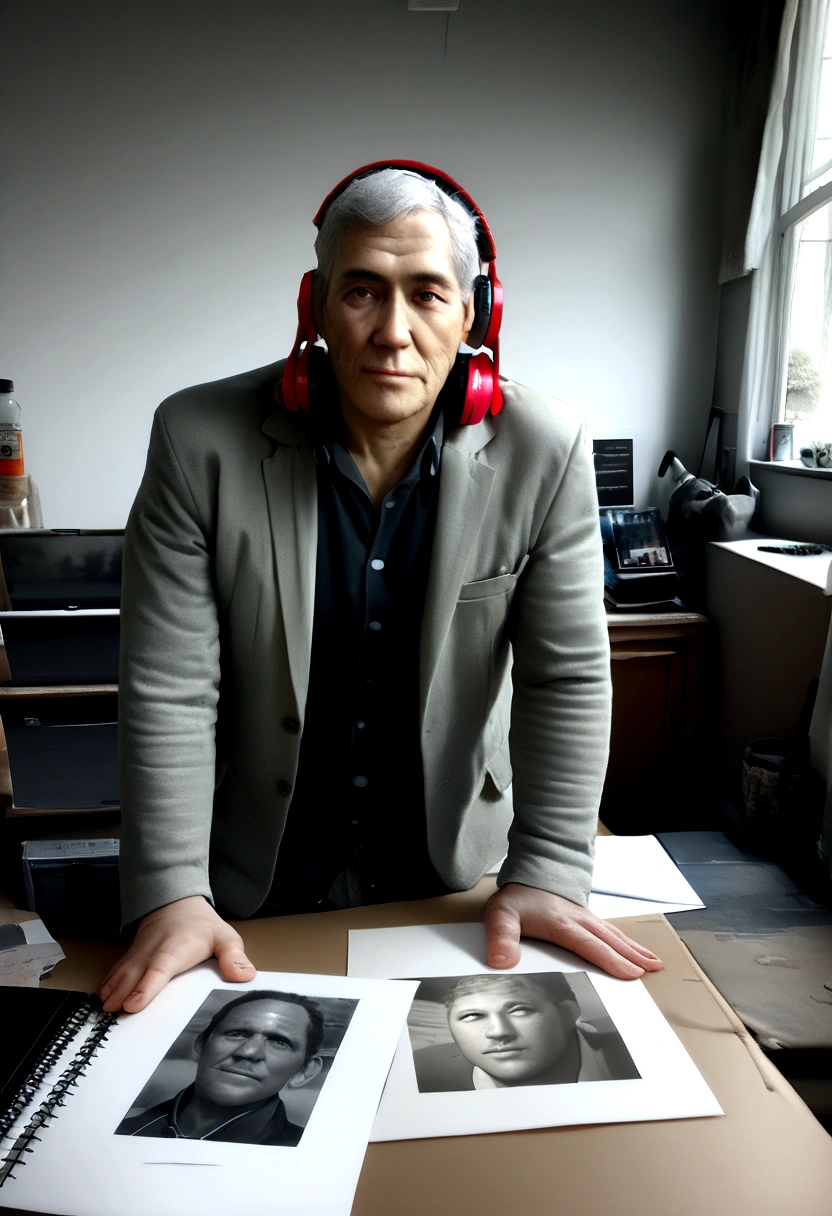 (best quality high resolution,photo 1.2),detailed,(realist,photorealist,photo-realist:1.37), tall man 1,76 , with a white shirt and gray jacket, very short gray hair with jopo , Use Red Headphones and a Mac Notebook , grayscale photo , studio lighting