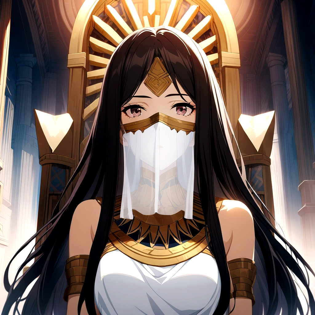 1girl, long hair, dark hair, ancient civilization clothes, white glove, mouth veil, throne background, game cg