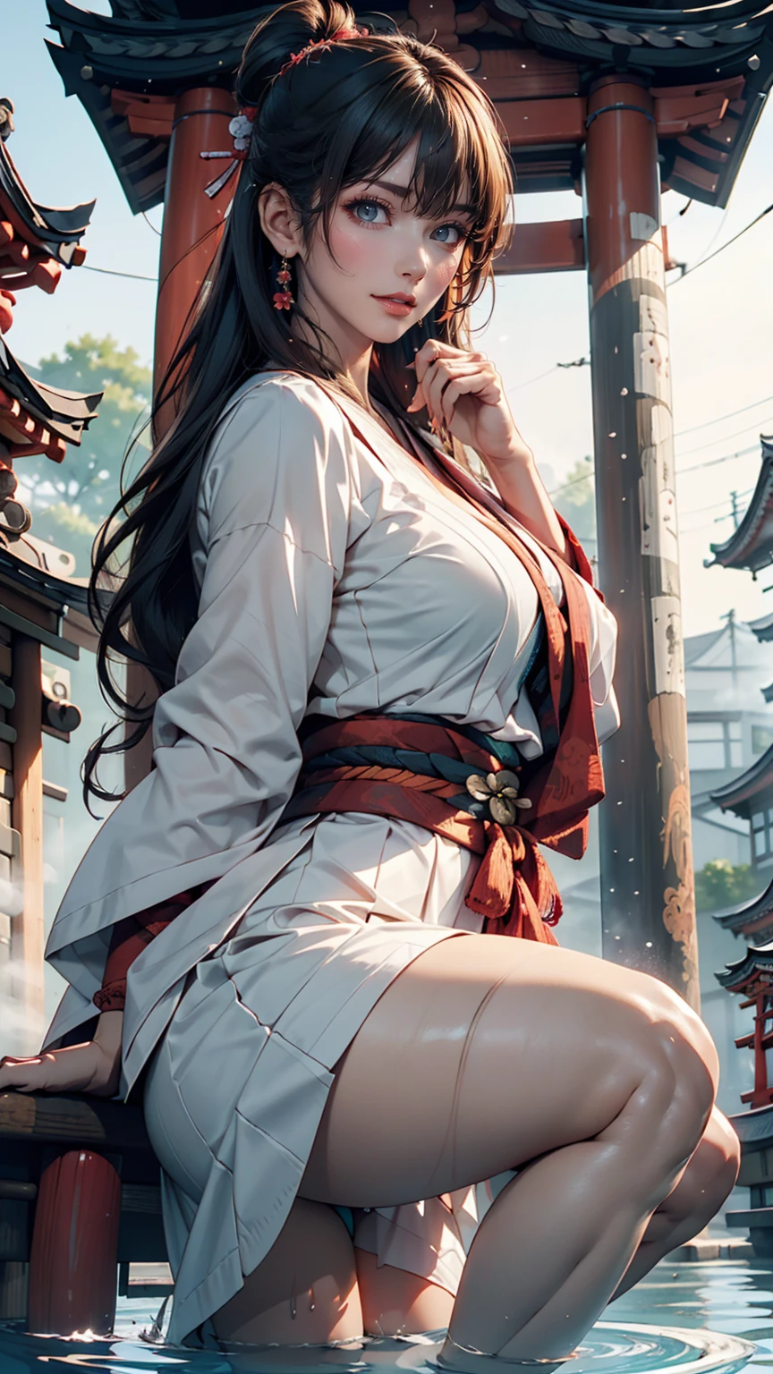 squat, (sgnovelcg:1.2), sgzeronovelcg, no_human, Japanese Shrines, scenery, water, fog、Sexy proportions、Sexy、woman、Shrine maiden、