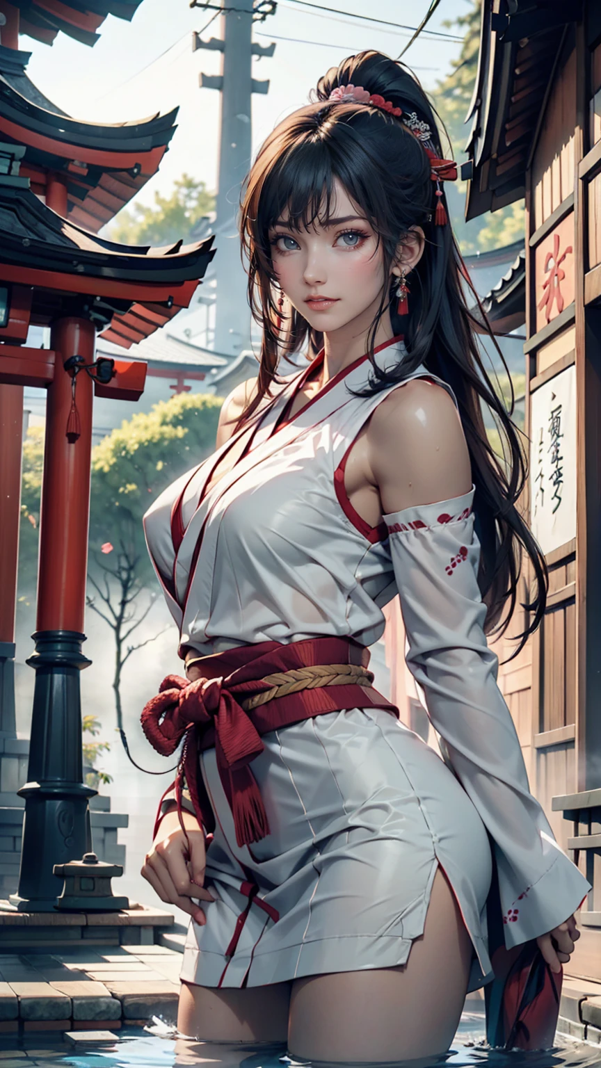 squat, (sgnovelcg:1.2), sgzeronovelcg, no_human, Japanese Shrines, scenery, water, fog、Sexy proportions、Sexy、woman、Shrine maiden、