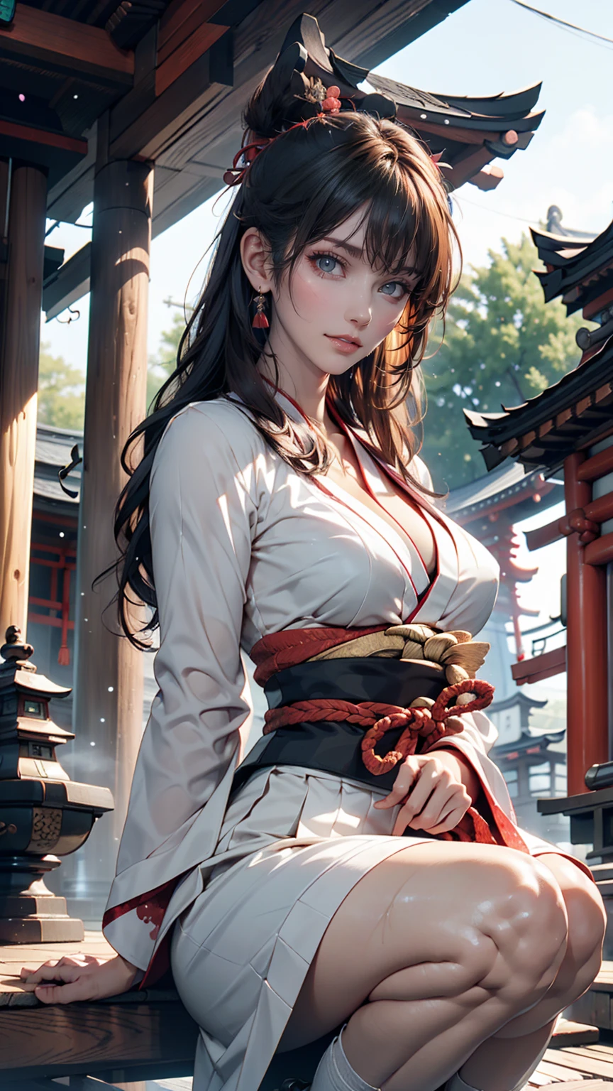 squat, (sgnovelcg:1.2), sgzeronovelcg, no_human, Japanese Shrines, scenery, water, fog、Sexy proportions、Sexy、woman、Shrine maiden、