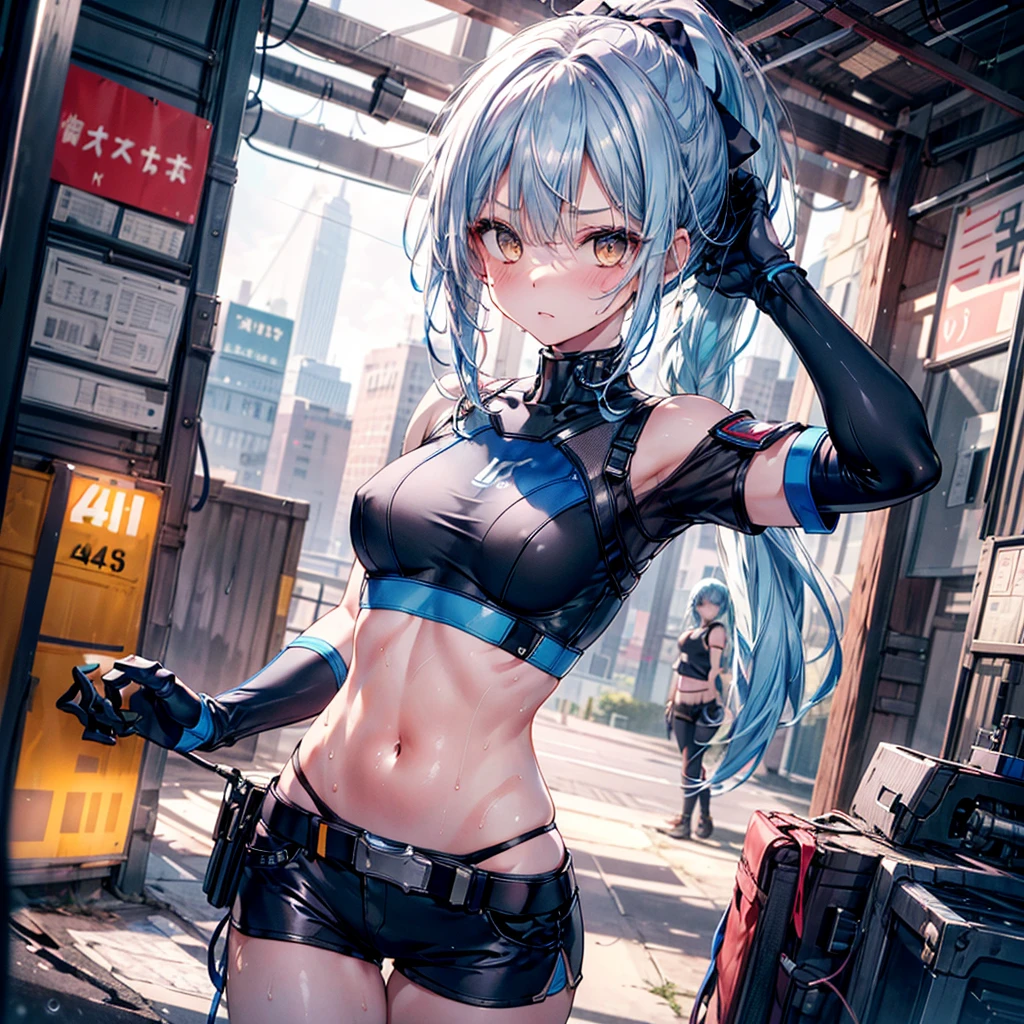 ((Highest quality,masterpiece,detailed,4K)), a girl with blue hair and a top with short sleeves holding a screw driver, 1girl, 独奏, mechanical body, mecha, long hair, blue hair, navel, gloves, shorts, breasts, sweat, wrench, short shorts, very long hair, underwear, panties, holding, belt, arm up, ponytail, small breasts, blurry background, gray sky, rain, looking at viewer, black gloves, white panties, sports bra, wiping sweat, bow, bare shoulders, bangs, cowboy shot, yellow eyes, midriff, hair bow, (expressionless), face focus