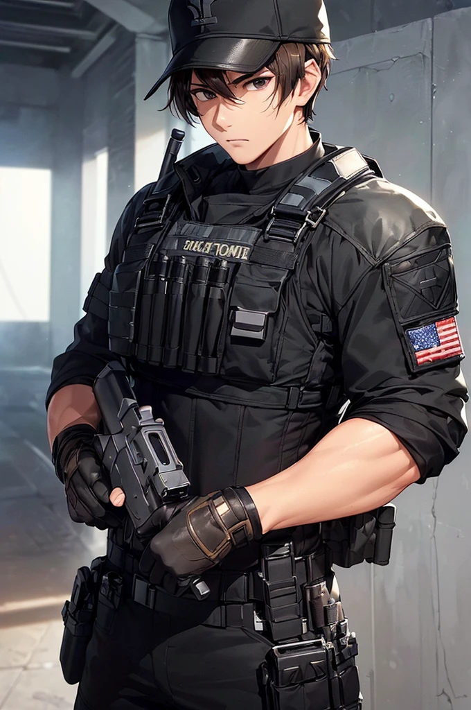 (masterpiece; best quality: 1.2), (finely detailed eyes: 1.3), ((25 year old man)), ((solo)), (black eyes: 1.4), (body; muscular, fit, masculine: 1.3), (short brown hair: 1.3), (beautiful and clear background: 1.2), ((depth of field)), (equipment: spec ops full black tactical combat-ready gear + black gloves + black baseball cap + holstered gun + pouches: 1.3), (anime illustration: 1.2), (background composition; military base office: 1.1), (extremely fine and handsome: 1.1), (shot composition; standing + centered on torso + close-up: 1.5), (expression; calm, stoic: 1.2)