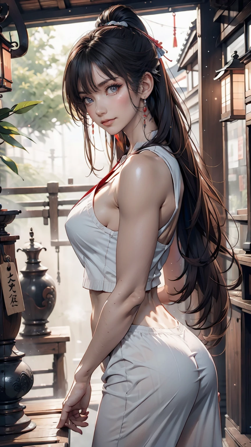 squat, (sgnovelcg:1.2), sgzeronovelcg, no_human, Japanese Shrines, scenery, water, fog、Sexy proportions、Sexy、woman、Shrine maiden、