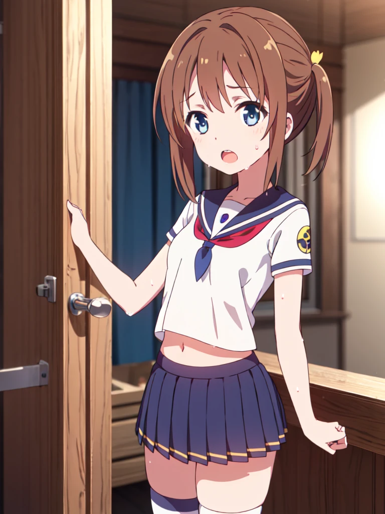 master piace, best quality,ultra hyper-detailed,8K_wall paper,(Beautiful eyes),((a cute)),(Wonderful),(erotick),anime moe art style,1girl in,solo,,Mini skirt,1girl in,,black har,shirts,Long hair,,Navel,,Small breasts,,(((zettai ryouiki))),Wet T-shirt:1.5,Short sleeves,Open mouth,double tooth,