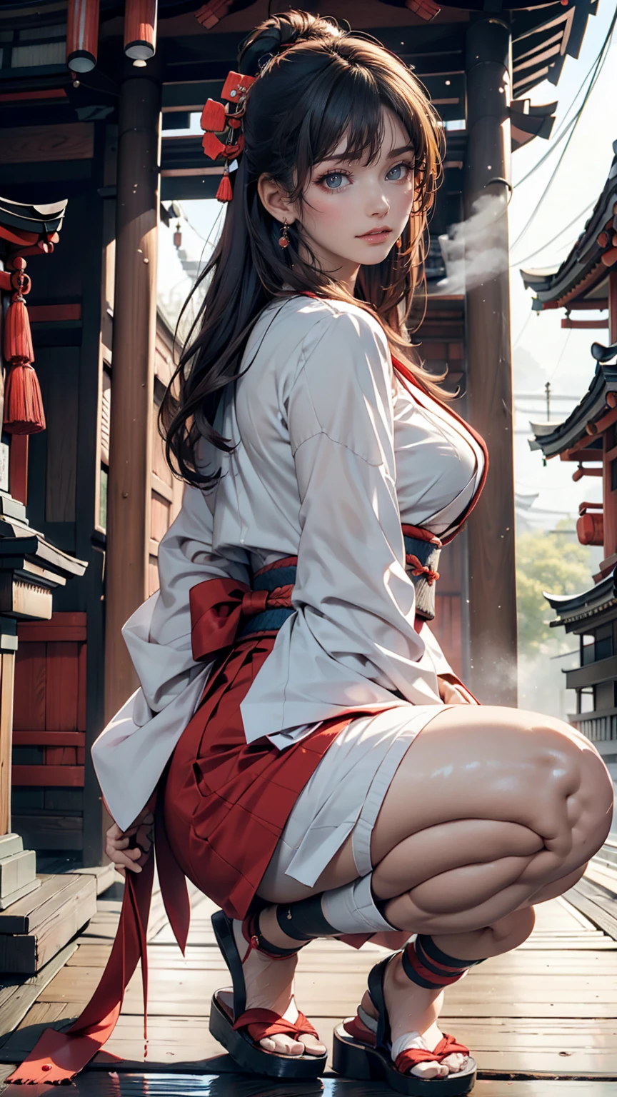 squat, (sgnovelcg:1.2), sgzeronovelcg, no_human, Japanese Shrines, scenery, water, fog、Sexy proportions、Sexy、woman、Shrine maiden、