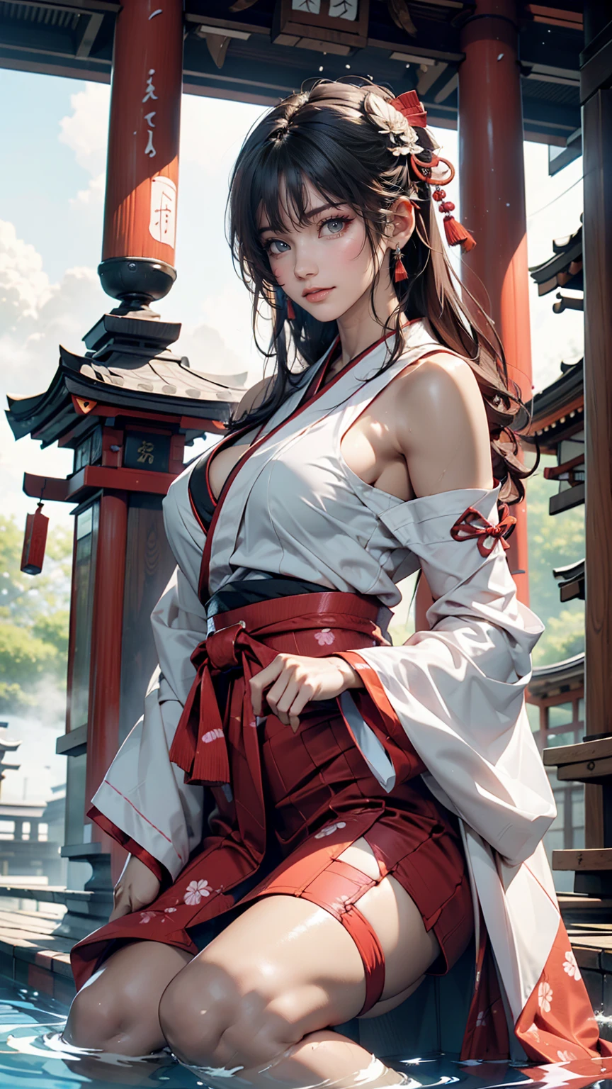 squat, (sgnovelcg:1.2), sgzeronovelcg, no_human, Japanese Shrines, scenery, water, fog、Sexy proportions、Sexy、woman、Shrine maiden、