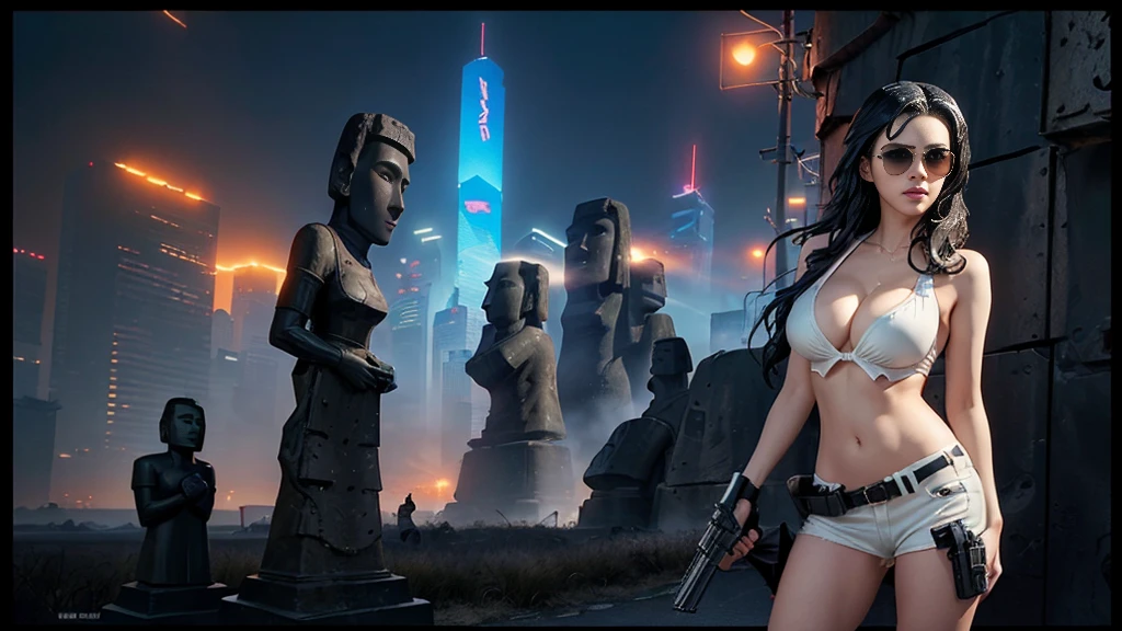 At night, dark sky, aerial view of fantasy cyberpunk style ((Moai-statue)) city, ((flying vehicle)). ((1girl, solo, alone)), photo realistic, medium-breast:1.1 slim body, cleavage, sexy clothes, (black sunglasses, long black natural hair), (((hip-up standing and pistol aiming pose))), half-body thigh level medium shot, cinematic lighting.