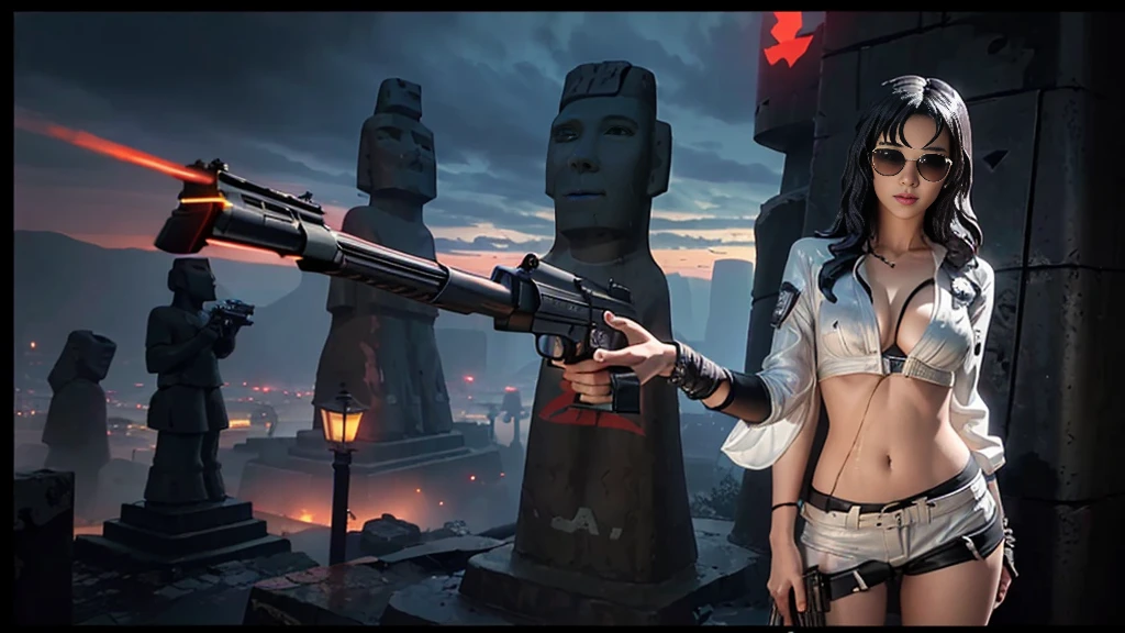 At night, dark sky, aerial view of fantasy cyberpunk style ((Moai-statue)) city, ((flying vehicle)). ((1girl, solo, alone)), photo realistic, medium-breast:1.1 slim body, cleavage, sexy clothes, (black sunglasses, long black natural hair), (((hip-up standing and pistol aiming pose))), half-body thigh level medium shot, cinematic lighting.