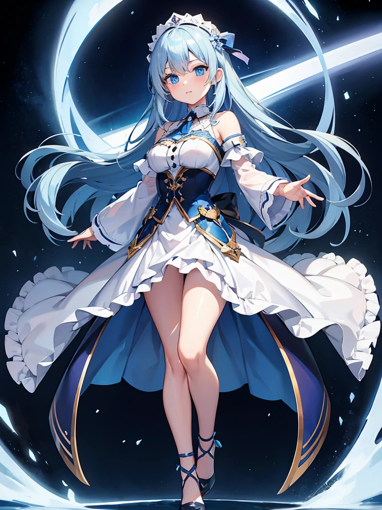 masterpiece,high quality,(full body 1.2),animated standing portrait, white cape and blue shirt,(blue hair 1.4),anime girl with long blue hair and blue eyes,(detailed eyes 1.6),(clear eyes 1.4),(beautiful eyes 1.4),(shining eyes 1.4),white cyan, from arc knights, blue hair, shining blue eyes, blue eyes, detailed key animated art, animated portrait, shining blue eyes, Pixiv digital art, blue haired girl, blue white hair, frilly skirt, thighs, 4K