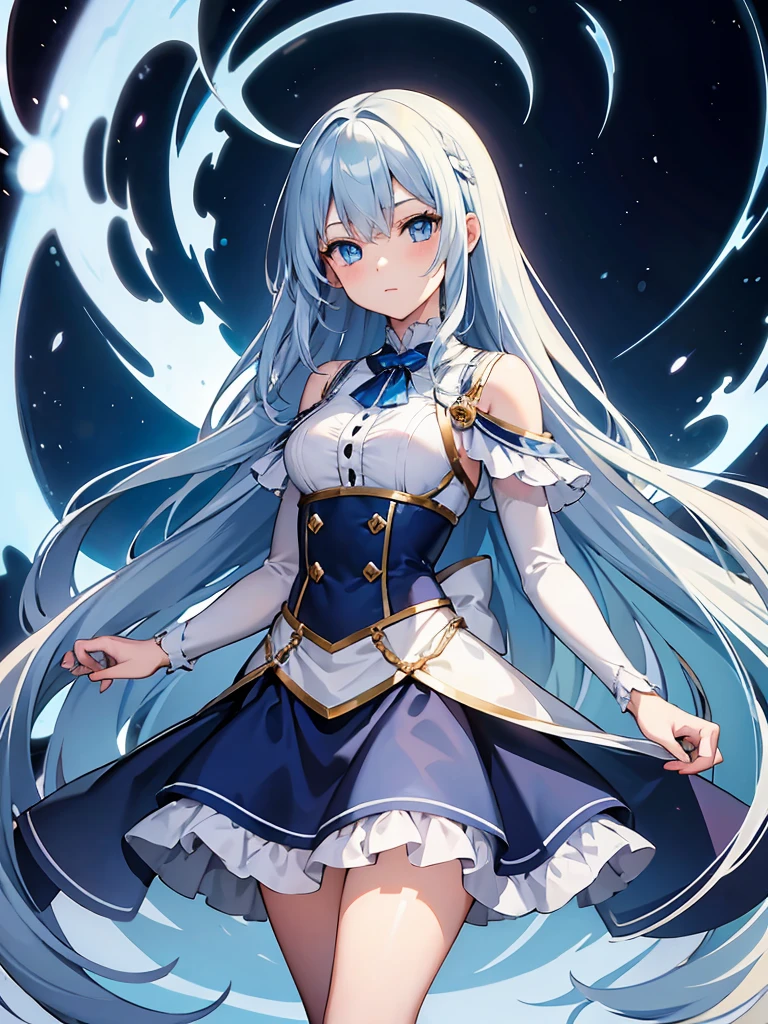 masterpiece,high quality,(full body 1.2),animated standing portrait, white cape and blue shirt,(blue hair 1.4),anime girl with long blue hair and blue eyes,(detailed eyes 1.6),(clear eyes 1.4),(beautiful eyes 1.4),(shining eyes 1.4),white cyan, from arc knights, blue hair, shining blue eyes, blue eyes, detailed key animated art, animated portrait, shining blue eyes, Pixiv digital art, blue haired girl, blue white hair, frilly skirt, thighs, 4K