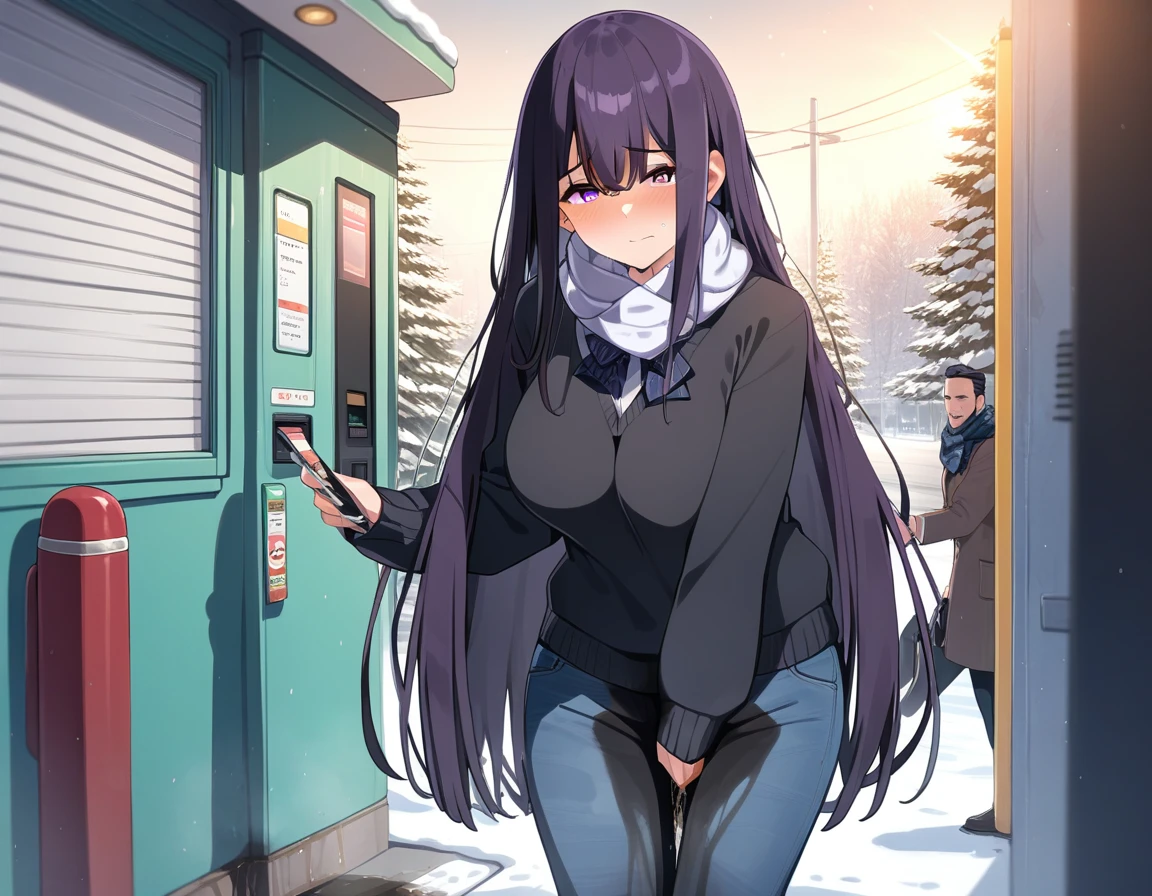 (masterpiece:1.37), best quality, (extremely detailed:1.37), (1girl:1.5), woman, (mature:1.5), (adult:1.5), large breasts, very long hair, (straight hair:1.5), (very dark purple hair:1.5), purple eyes, (extremely detailed eyes:1.37), sweater, scarf, jeans, desperation, (wetting self:1.5), standing, embarrassed, humiliation, blushing, gas station, snowing, street, golden hour, full body
