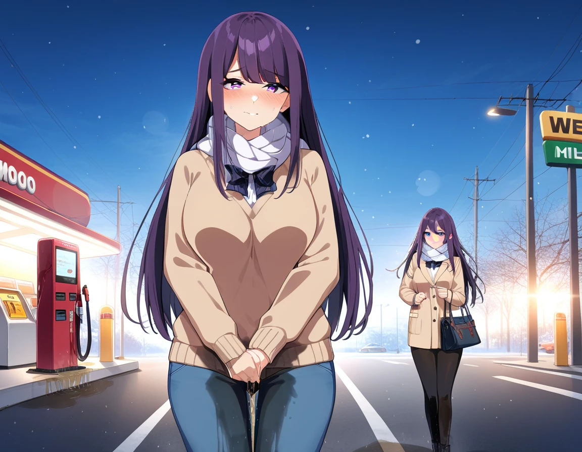 (masterpiece:1.37), best quality, (extremely detailed:1.37), (1girl:1.5), woman, (mature:1.5), (adult:1.5), large breasts, very long hair, (straight hair:1.5), (very dark purple hair:1.5), purple eyes, (extremely detailed eyes:1.37), sweater, scarf, jeans, desperation, (wetting self:1.5), standing, embarrassed, humiliation, blushing, gas station, snowing, street, golden hour, full body