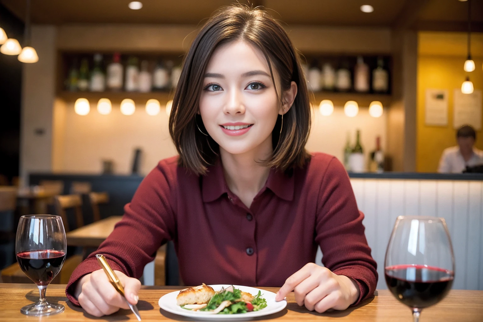 ((Highest quality、8K、masterpiece:1.3))、cute、slimカップル、modelカップル、(Realistic, Intricate details:1.2), full-course dinner、Wine Party、Amazing view of the sunset sky and clouds、A bright smile、The wonderfulness of smile、Bright image、The beauty of wine, Beautiful Face, blue eyes, The light shines on your face, Blushing, short hair,Bright Face、 (Age 37), Age 34, red wine 、Appetizers、Italian food、Wine bottle、Champagne、sparkling wine、Two beauties、Brown Hair、Shortcuts、Long sleeve shirt、dress、Beautiful woman 1, (slimな顔), (The body is slim), (Brown Hair), (Shortcuts), cheeks turn a little red,Attractive beauty、restaurant, In a prominent place (From the waist up) Nova Frog Style, actress, model, Upper Body, White wine, slim, wine glass, 中央に置かれたwine glass, smile, (smile: 1.15), Beautiful fine grain, Depth f/2,saturation, High Contrast, Strong light and shadow,Moist Body:1.5、3D texture、Delicate eyes、Brown Hair、The hair is very shiny、