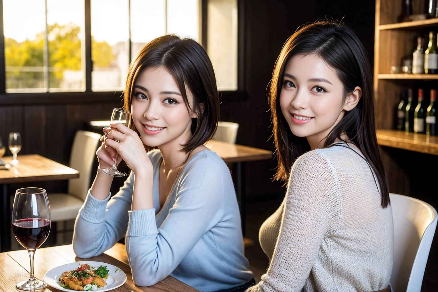 ((Highest quality、8K、masterpiece:1.3))、cute、slimカップル、modelカップル、(Realistic, Intricate details:1.2), full-course dinner、Wine Party、Amazing view of the sunset sky and clouds、A bright smile、The wonderfulness of smile、Bright image、The beauty of wine, Beautiful Face, blue eyes, The light shines on your face, Blushing, short hair,Bright Face、 (Age 37), Age 34, red wine 、Appetizers、Italian food、Wine bottle、Champagne、sparkling wine、Two beauties、Brown Hair、Shortcuts、Long sleeve shirt、dress、Beautiful woman 1, (slimな顔), (The body is slim), (Brown Hair), (Shortcuts), cheeks turn a little red,Attractive beauty、restaurant, In a prominent place (From the waist up) Nova Frog Style, actress, model, Upper Body, White wine, slim, wine glass, 中央に置かれたwine glass, smile, (smile: 1.15), Beautiful fine grain, Depth f/2,saturation, High Contrast, Strong light and shadow,Moist Body:1.5、3D texture、Delicate eyes、Brown Hair、The hair is very shiny、