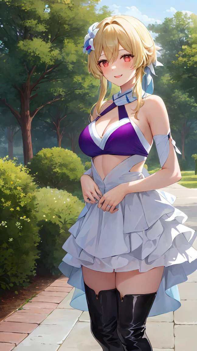 1girl, solo, luminedef, cleavage, (glowing red eyes)
BREAK (layered bikini, microskirt, official alternate costume, purple belt, purple bikini, revealing clothes, short sleeves, skirt, swimsuit, thigh boots, thighhighs:1.2),
BREAK (Standing: 1.7), Blushing, Embarrassing, Big, Smile,
BREAK ball gown, in the garden of trees, wedding decorations,
BREAK ((top quality, 8k, masterpiece: 1.3, ultra hd, high quality, best quality, high definition, realism)), sharp focus: 1.5, Beautiful woman with Slim body, (perfect hands, perfect anatomy),