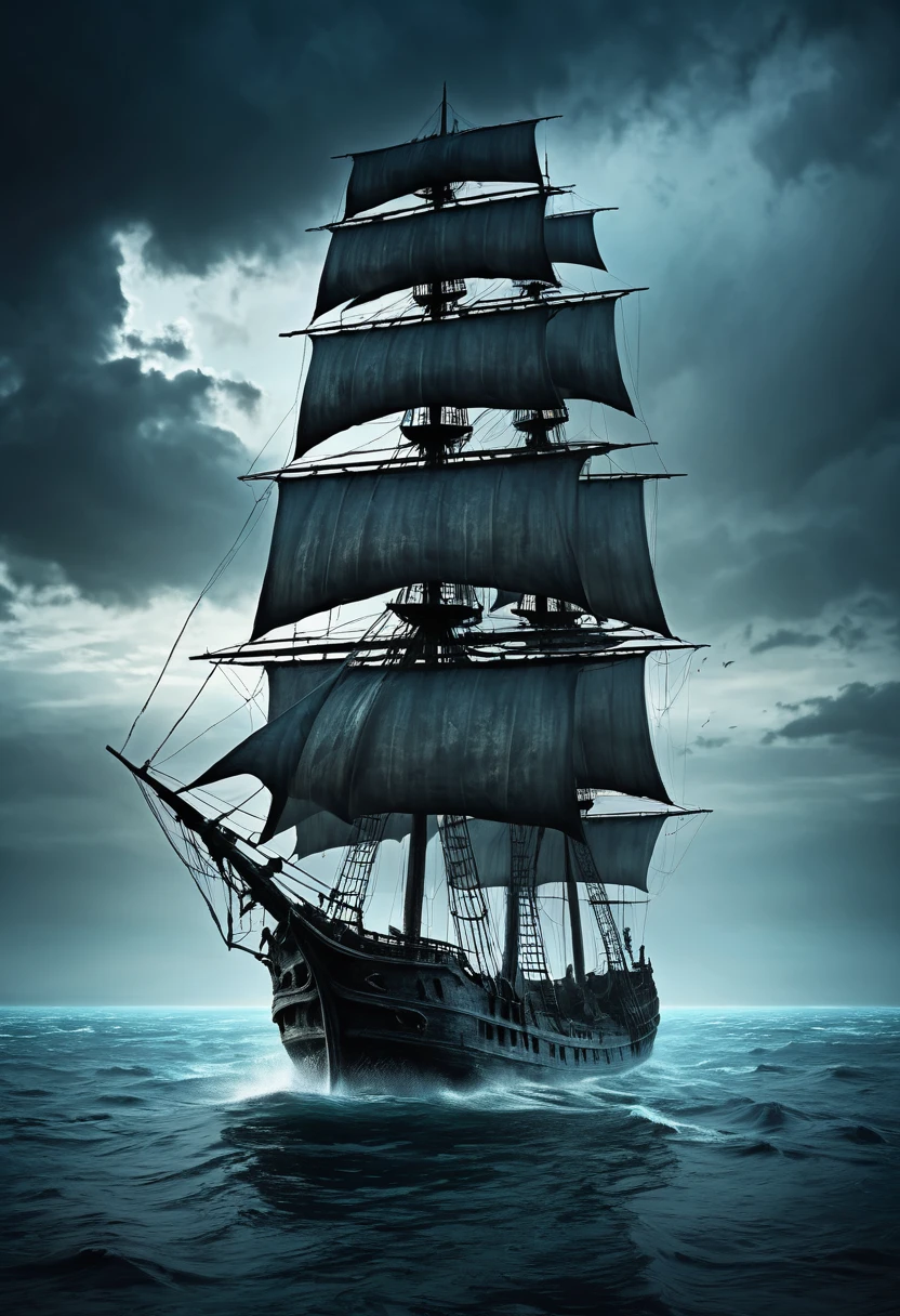 Dark fantasy world view.Ghost Ship of Tattered Sails.Calm water of the sea.There's an island nearby.