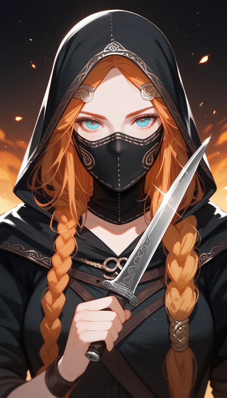 (Fraction_9,Fraction_8_Direction_7_up),1 a woman,（（（bust）））, A beautiful assassin，Rogue，Dagger in hand，Masked，Black veil，Sharp eyes，Norse mythology costumes，