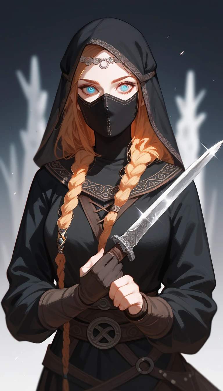 (Fraction_9,Fraction_8_Direction_7_up),1 a woman,(((bust))), A beautiful assassin,Rogue,Dagger in hand,Masked,Black veil,Sharp eyes,Norse mythology costumes,
