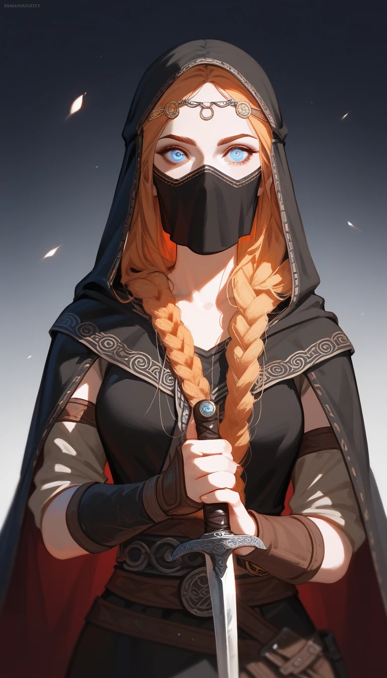 (Fraction_9,Fraction_8_Direction_7_up),1 a woman,(((bust))), A beautiful assassin,Rogue,Dagger in hand,Masked,Black veil,Sharp eyes,Norse mythology costumes,
