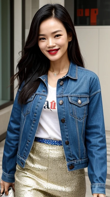 Shu Qi wearing clothes of the day with painted lips and smiling