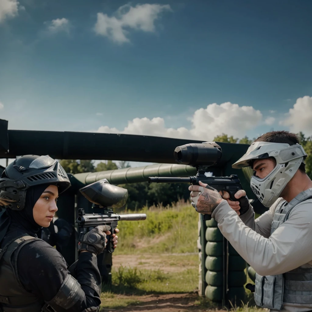 picture from the side, 30 year old man, muscular, wearing a helmet, wearing a gray long-sleeved paintball uniform, wearing a gray vest, the man is holding up a paintball marker towards the enemy in front of him, namely a woman wearing a hijab, wearing a helmet black, wearing a black paintball uniform, wearing a black vest, very epic scene where the two of them point paintball markers at each other in a match, background of the paintball field during the day, cinematic, realistic, detailed face, 4k, very detailed, intricate design