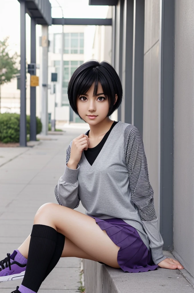 Cute anime girl with white skin, Short black hair, black tennis shoes and gray socks, short negro, gray blouse with purple sleeves with black stripes and light brown eyes 
