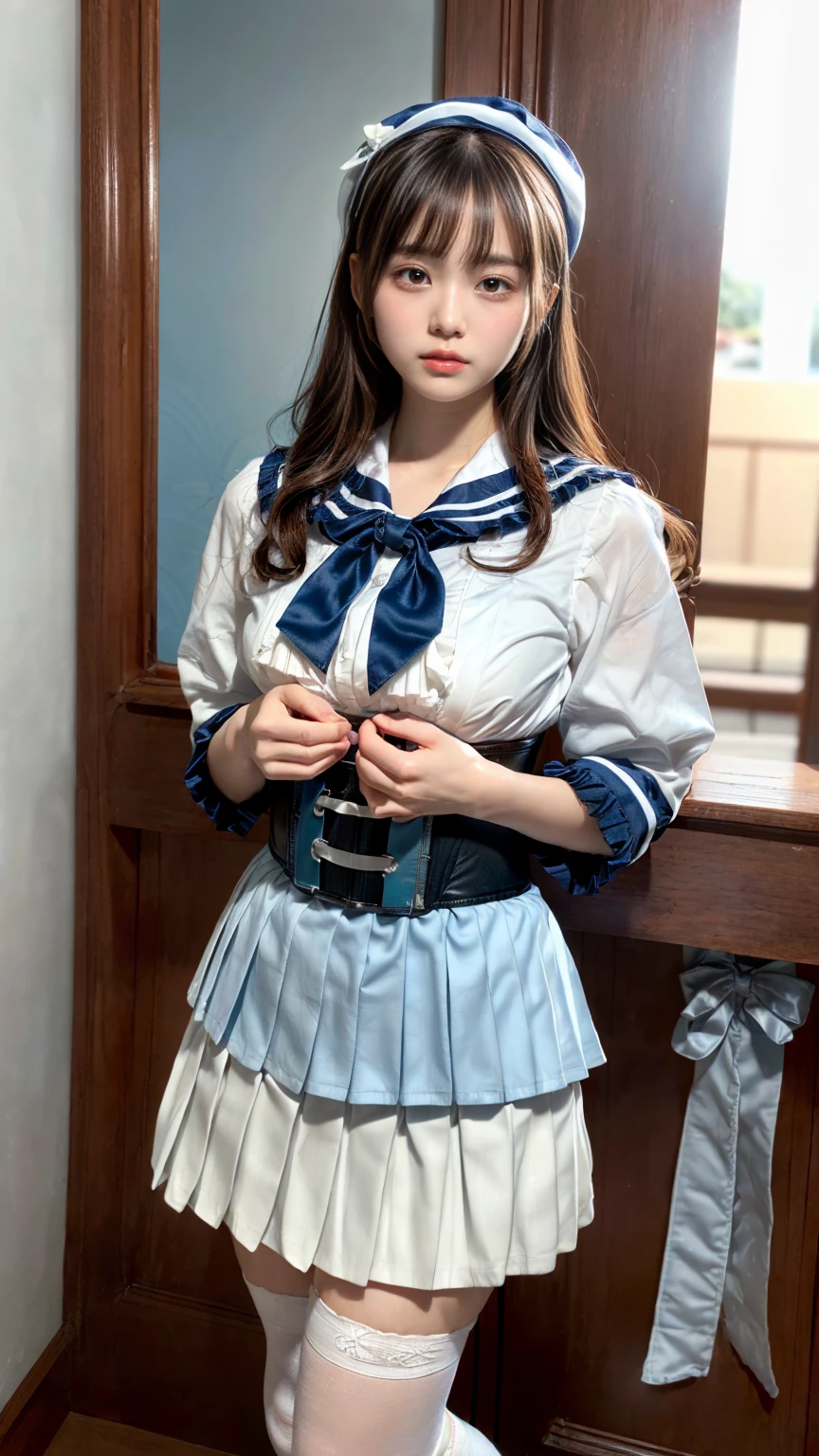 (absurdres:1.3), (highres:1.3), (ultra detailed:1.3),(1girl:1.3), (extremely detailed CG unity 8k wallpaper:1.3), (detailed skin texture, detailed cloth texture, detailed hair texture), (beautiful detailed face, supermodel, pale skin, realistic glistening skin), (RAW photo, best quality), (realistic, photo-realistic:1.4), masterpiece, extremely delicate and beautiful,Amazing, finely detail, extremely detailed CG unity 8k wallpaper, huge filesize, ultra-detailed, highres, absurdres, soft light,rim light, vibrant details, hotel room, straight hair, large breasts, black hair color, Big Natural Color Lip, (perfect body shape), beautiful legs, (white (skirt, pleated skirt):1.5), (white beret with light-blue ribbon:1.4), (blue sailor collar:1.4), (white shirt:1.4), (double-breasted on deep-blue waist cincher:1.3), (short bishop-sleeve:1.3), (light-blue ribbon:1.3), ((white socks, loafers):1.2), crying a little、Harajuku style、20 year old girl、cute type、lolita、