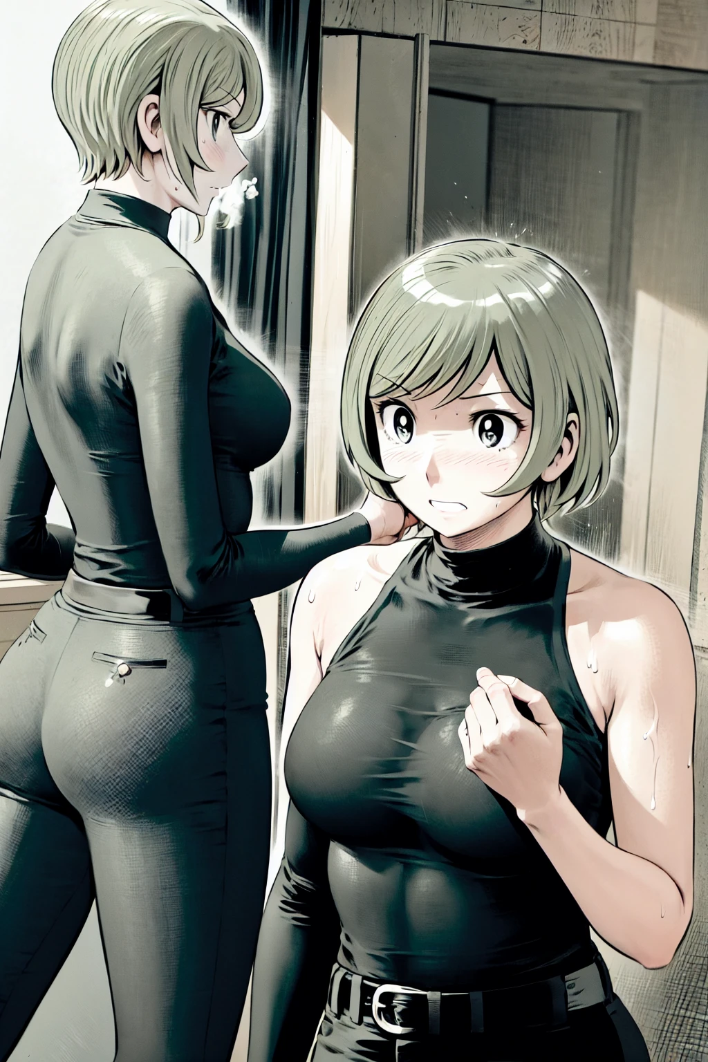 、(masterpiece、Highest quality)、Highest quality, Ultra-high resolution, (((masterpiece))), alone, Sweat、Big eyes,Tight black shirt、Tight white pants、belt、indoor、Composition from the front、(Cut the back hair short、short hair、blonde、woman)、Shortcuts、Embarrassed face、Cut your hair short、可愛いwomanの子、Big Breasts、office