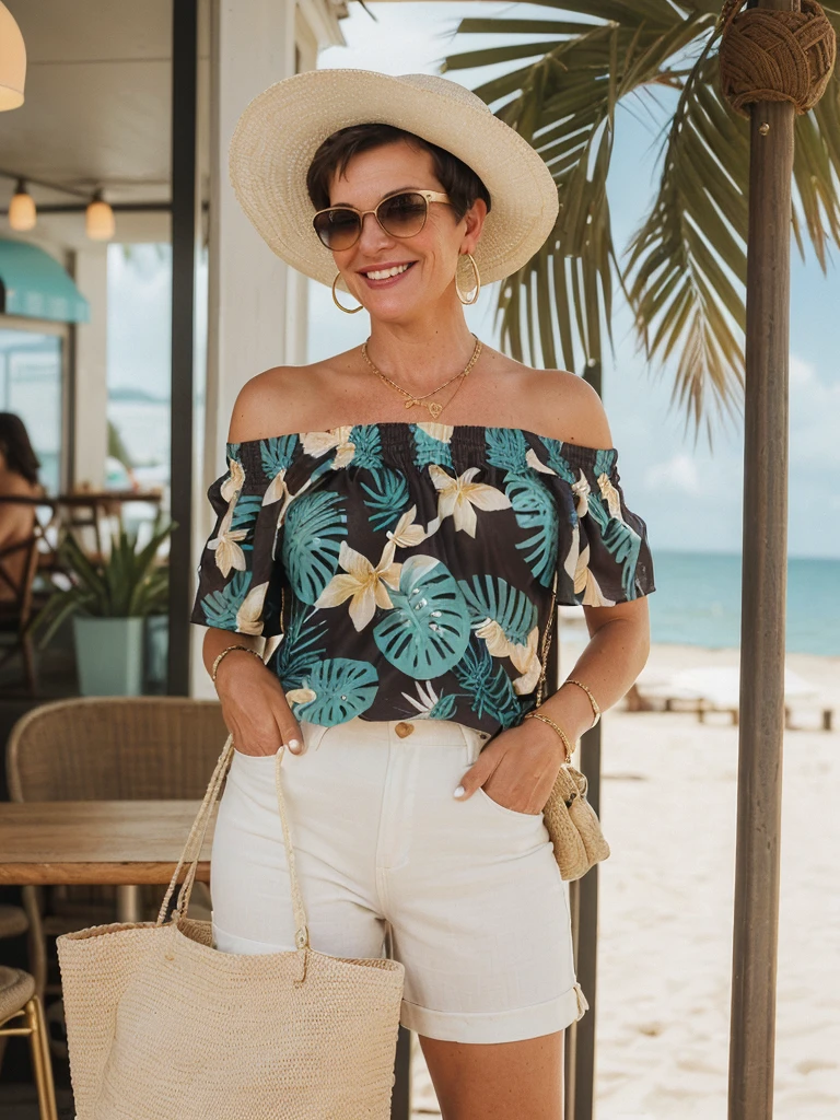1girl, photorealistic, realistic, her name is Elise, middle age, a 45-year-old woman with gray hair, body of 45-year-old woman, wrinkles on her face and body, Alpine woman, ((dark brown hair, short hair))), smiling, (((she is her in a breezy, off-shoulder blouse in a vibrant tropical print, paired with high-waisted white linen shorts that emphasize her silhouette. On her feet, she wears woven espadrille sandals that complement the beachy setting. Accessories include oversized sunglasses and a wide-brimmed straw hat, adding both glamour and practicality under the sun. Her look is completed with delicate gold jewelry, such as layered necklaces and hoop earrings, which catch the sunlight streaming through the coffee shop’s windows. A woven tote bag sits beside her))), (((dynamic pose))), ((( she is seductively standing inside a coffee shop near the beach exudes a relaxed yet chic vibe, perfectly blending comfort with style)))