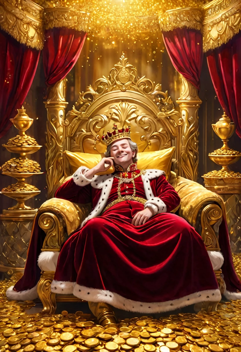 A king sleeping on a bed of gold, a crown, royal clothes of wine red velvet, a soft canopy, a gentle expression, a smile, surrounded by gold coins, full of money, stacked with gold coins, a gorgeous room like a palace, fine particles of light