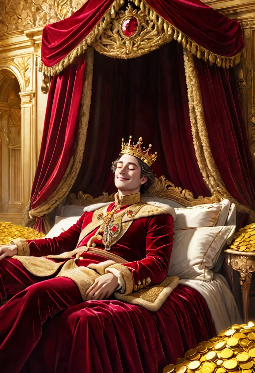 A king sleeping on a bed of gold, a crown, royal clothes of wine red velvet, a soft canopy, a gentle expression, a smile, surrounded by gold coins, full of money, stacked with gold coins, a gorgeous room like a palace, fine particles of light