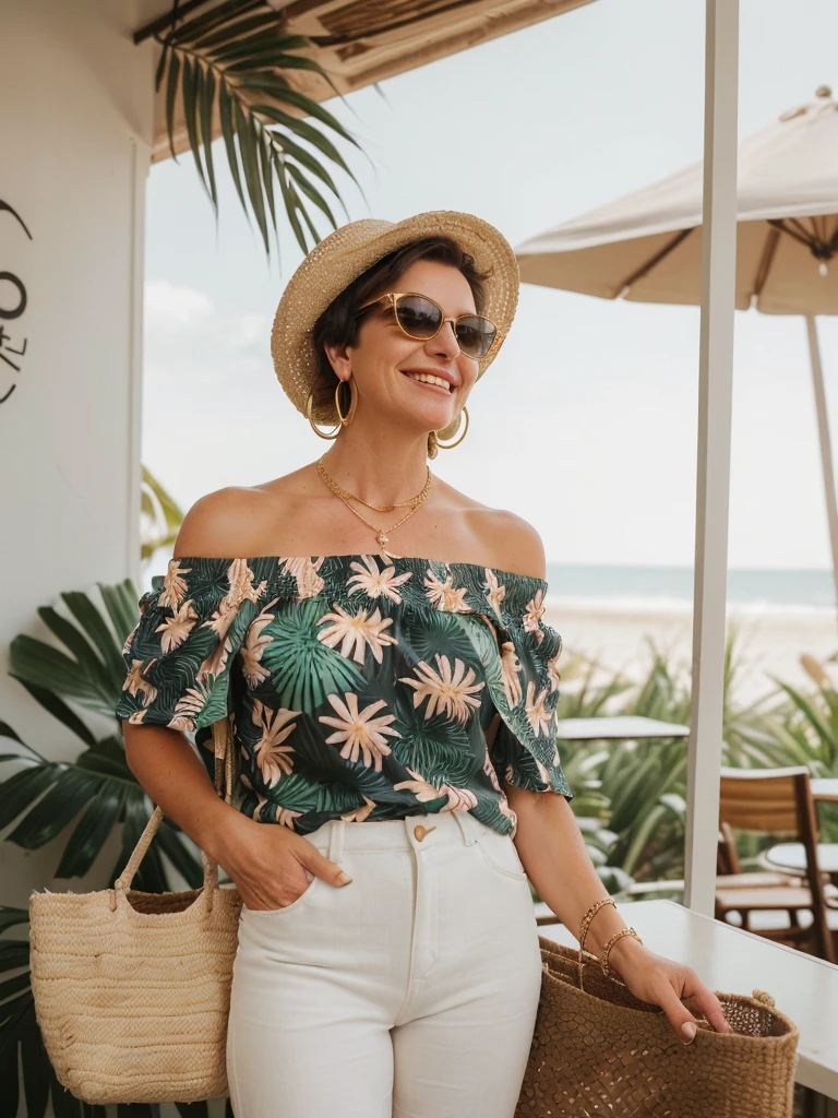 1girl, photorealistic, realistic, her name is Elise, middle age, a 45-year-old woman with gray hair, body of 45-year-old woman, wrinkles on her face and body, Alpine woman, ((dark brown hair, short hair))), smiling, (((she is her in a breezy, off-shoulder blouse in a vibrant tropical print, paired with high-waisted white linen shorts that emphasize her silhouette. On her feet, she wears woven espadrille sandals that complement the beachy setting. Accessories include oversized sunglasses and a wide-brimmed straw hat, adding both glamour and practicality under the sun. Her look is completed with delicate gold jewelry, such as layered necklaces and hoop earrings, which catch the sunlight streaming through the coffee shop’s windows. A woven tote bag sits beside her))), (((dynamic pose))), ((( she is seductively standing inside a coffee shop near the beach exudes a relaxed yet chic vibe, perfectly blending comfort with style)))