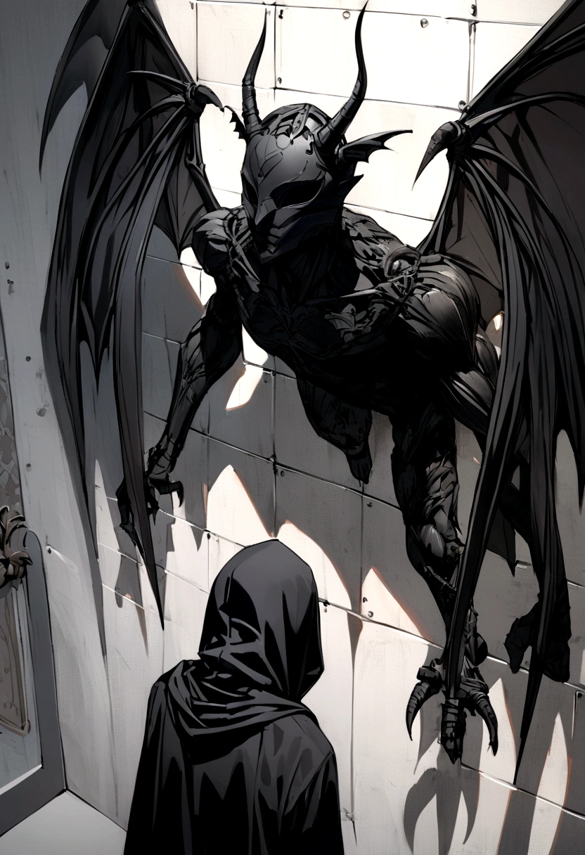 Create a boy with a hood and a mask and with demon wings and who is writing the word crazy on a wall